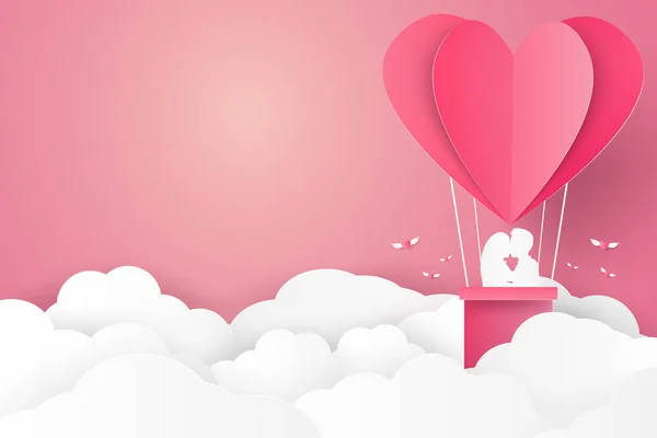 San Valentín Ilustración Del Amor Pareja Besándose Globo Aerostático Forma — Vector de stock