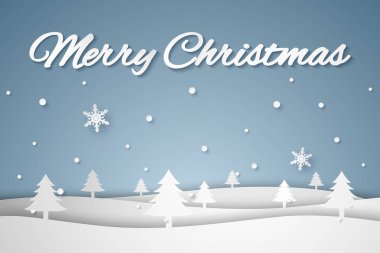 Neşeli Noel ve mutlu yeni yıl, kış manzarası, sanat tarzı kağıt