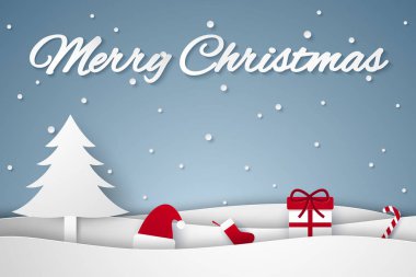 Neşeli Noel ve mutlu yeni yıl, kış manzarası ile şapka, çorap, hediye ve şeker kamışı, sanat tarzı kağıt