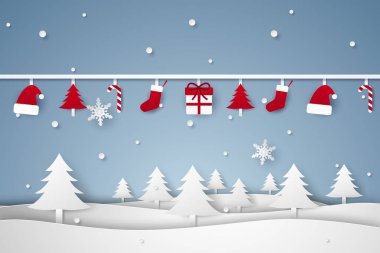 Neşeli Noel ve mutlu yeni yıl, kış manzarası ile asılı, kağıt sanat stil süs eşyaları