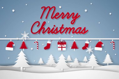 Neşeli Noel ve mutlu yeni yıl, kış manzarası ile asılı, kağıt sanat stil süs eşyaları