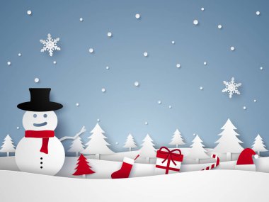 Neşeli Noel ve mutlu yeni yıl, kış manzarası ile kardan adam ve süsler, sanat tarzı kağıt