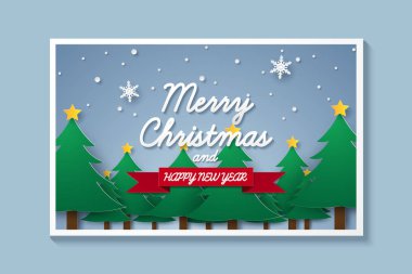 Neşeli Noel ve mutlu yeni yıl, resim çerçevesi, xmas arka plan, kağıt sanat tarzı kış peyzaj