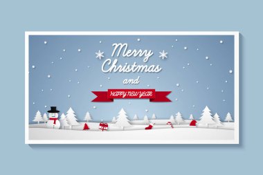 Neşeli Noel ve mutlu yeni yıl, kış manzara süslemeli, xmas arka plan, sanat tarzı kağıt