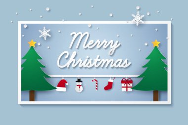 Mutlu Noeller ve mutlu yeni yıl, kardan adam ve kar yağışı, xmas kartı ile çerçevede süs eşyaları ile yazı kağıt sanat tarzı