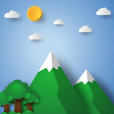 Doğa Manzara Dağ ve ağaç, kağıt sanat tarzı ile