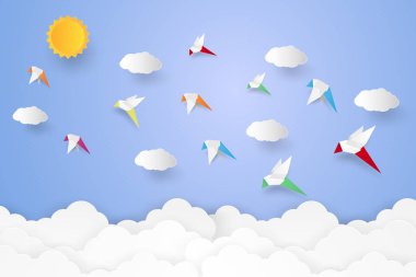 Kağıt sanat tarzı gökte uçan kuşlar sürüsü