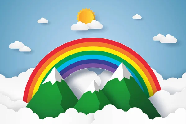 Rainbow Och Berg Blå Himmel Med Moln Papper Konststil — Stock vektor