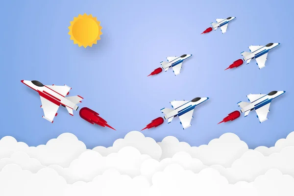 Farklı Kavram Kağıt Sanat Tarzı Gökte Uçan Jet Uçağı — Stok Vektör