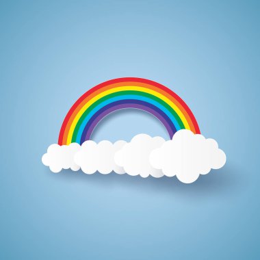 Gökkuşağı ve bulut, kağıt sanat tarzı ile mavi gökyüzü