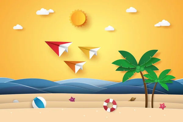夏天的时候 折纸飞机在天空飞翔 沙滩和椰子树 纸艺风格 — 图库矢量图片