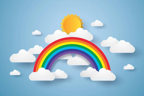 青空と虹と雲 紙アート風 — ストックベクタ