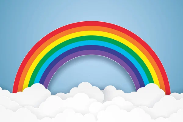 Błękitne Niebo Rainbow Chmura Styl Sztuki Papieru — Wektor stockowy
