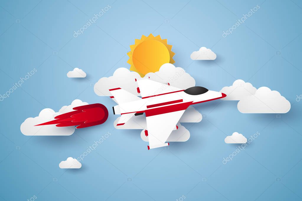 Airplane flying in the sky , paper art style