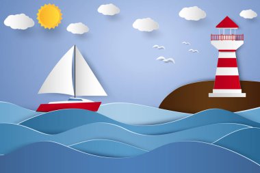 deniz feneri ve deniz manzarası, kağıt sanat tarzı ile Yelkenli