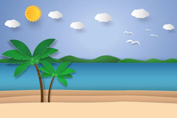 Seascape Coconut Tree Beach Island Paper Art Style — Stock Vector