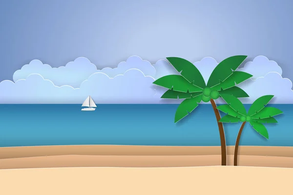 Océano Con Horizonte Cocotero Playa Estilo Arte Papel — Vector de stock