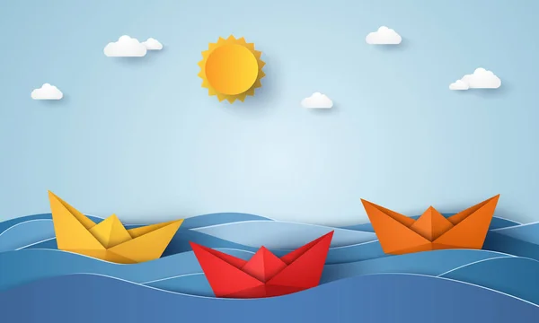 Origami Kağıt Sanat Tarzı Mavi Okyanusta Yelken Tekne — Stok Vektör