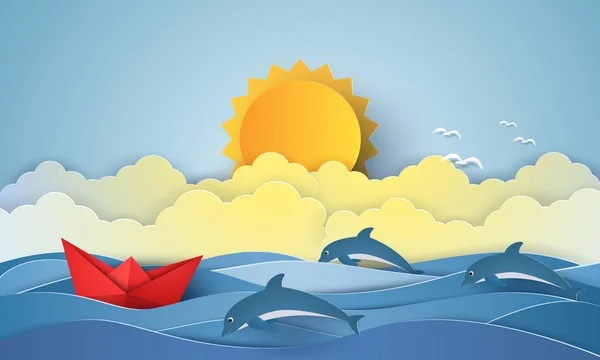 Mare Con Origami Barca Delfini Sole Stile Carta Arte — Vettoriale Stock