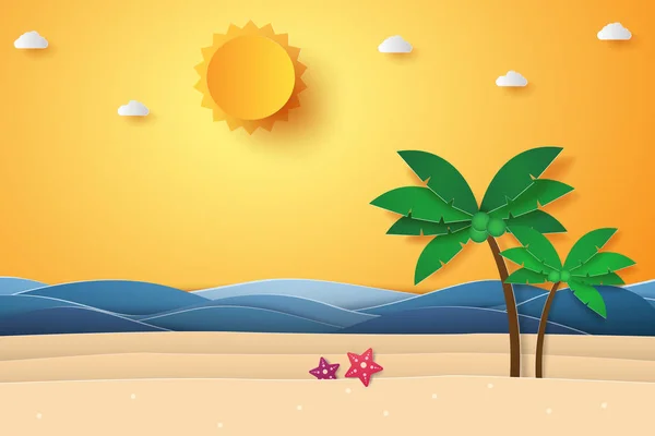 Summer Time Sea Beach Coconut Tree Paper Art Style — Stock Vector