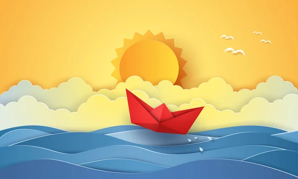Estate Mare Con Origami Barca Sole Carta Arte Stile — Vettoriale Stock
