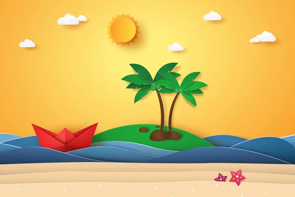 Hora Verano Mar Con Isla Barco Origami Playa Cocotero Estilo — Vector de stock