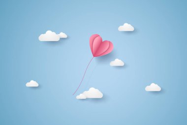 Sevgililer günü, aşk, mavi gökyüzünde uçan pembe kalp balon illüstrasyon sanat tarzı kağıt