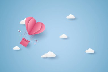 Sevgililer günü, aşk, pembe kalp sıcak hava balonu kağıt sanat tarzı mavi gökyüzünde uçan çizimi
