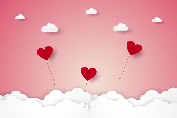 Valentines Day Illustration Love Red Heart Balloons Flying Sky Paper — Stock Vector