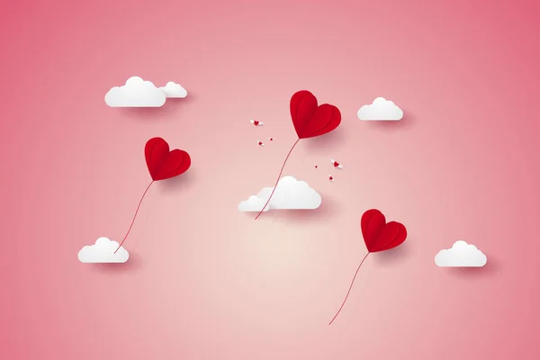 Valentines Day Illustration Love Red Heart Balloons Flying Sky Paper — Stock Vector