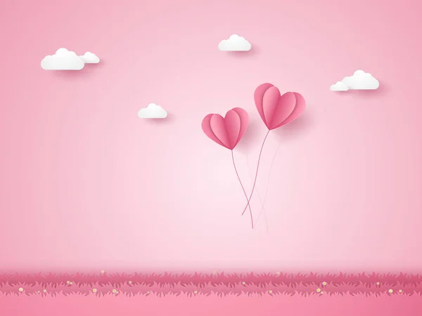 Valentines Day Illustration Love Pink Heart Balloons Flying Grass Paper — Stock Vector