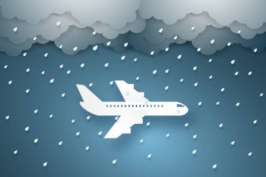 Şiddetli yağmur ile kağıt sanat tarzı uçan uçak