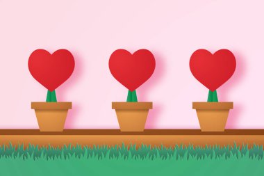 Çim, kağıt sanat tarzı ile çiçek tencerede kırmızı kalp