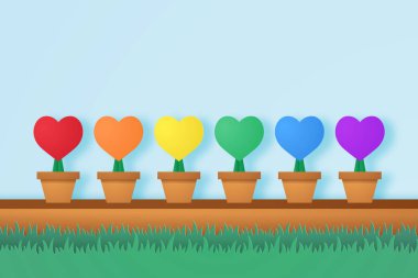 Çim, kağıt sanat tarzı ile çiçek tencerede renkli kalp