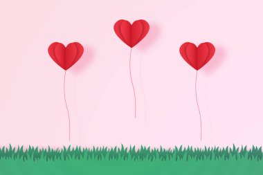 Sevgililer günü, aşk, kırmızı kalp balonlar çimenlerin üzerinde kağıt sanat tarzı uçan çizimi