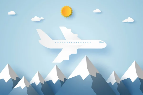 Airplane flying over mountains , paper art style