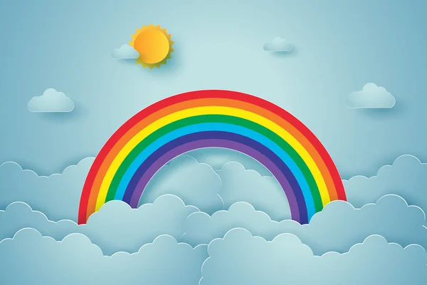 Blue Sky Rainbow Cloud Paper Art Style — Stock Vector