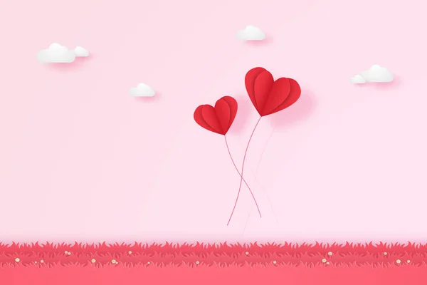 Valentines Day Illustration Love Red Heart Balloons Flying Grass Paper — Stock Vector