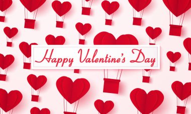 Sevgililer günü, yazı, kağıt sanat tarzı ile aşk, kırmızı kalp sıcak hava balonları arka plan resmi