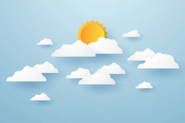 Cloudscape 青い空と雲と太陽 紙アート風 — ストックベクタ