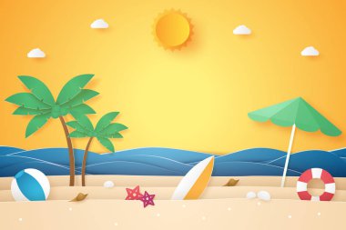 Yaz saati , hindistan cevizi ağacı ve malzeme ile deniz ve plaj , kağıt sanat tarzı