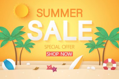 Yaz satış , hindistan cevizi ağacı ve malzeme ile plaj , kağıt sanat tarzı