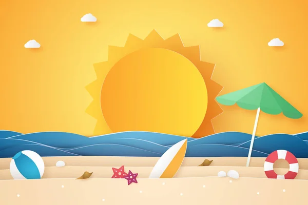 Hora Verano Mar Playa Con Cosas Estilo Arte Papel — Vector de stock