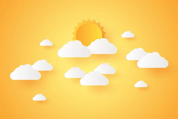 Sommartid Cloudscape Himmel Med Moln Och Sol Papperskonst Stil — Stock vektor
