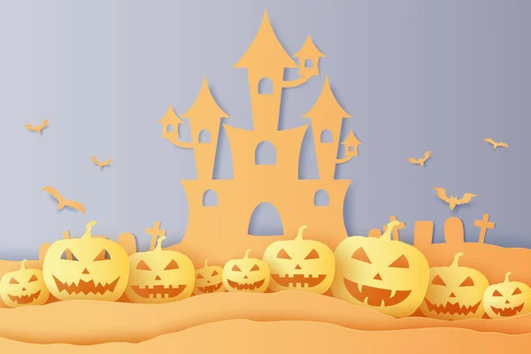 Halloween Pumpa Slott Och Graveyard Papper Konst Stil — Stock vektor