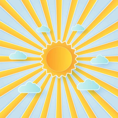 Bulutlar, bulutlar ve parlak güneş ile mavi gökyüzü, kağıt sanat tarzı