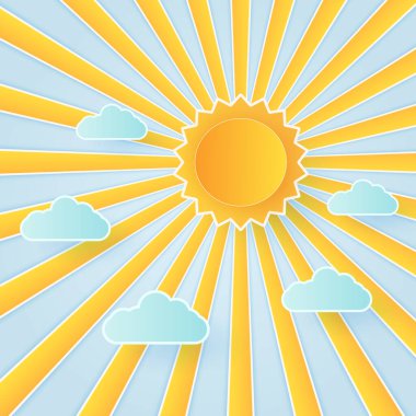 Bulutlar, bulutlar ve parlak güneş ile mavi gökyüzü, kağıt sanat tarzı