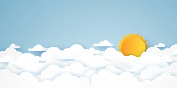 Облачный Пейзаж Голубое Небо Облаками Ярким Солнцем Стиль Бумажного Искусства — стоковый вектор