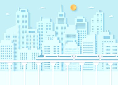 Elektrikli yüksek hızlı tren, ulaşım, şehir manzarası, mavi gökyüzü ve güneşli binalar, kağıt sanatı tarzı.