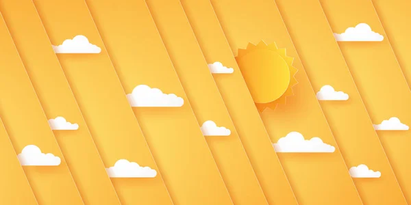 概要太陽と雲の明るいオレンジ色の対角オーバーレイ背景 紙アートスタイル — ストックベクタ